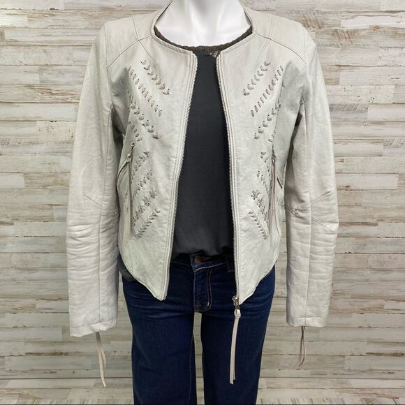 BlankNYC Moto Faux Leather Jacket Womens Size M Gray Lacing Fringe Zip Front - Picture 2 of 16